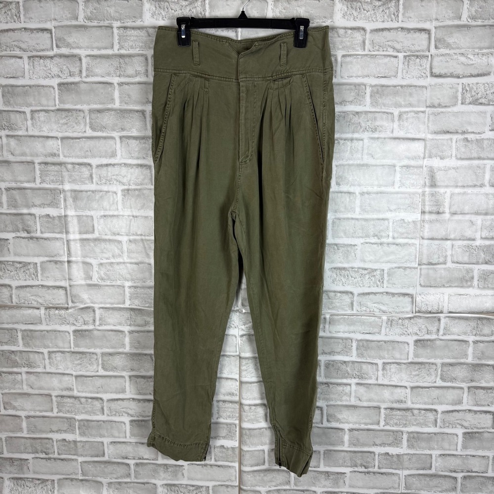 FRAME Military High Waist Pleated Tapered Pants Green Lyocell Linen LARGE 32 x27